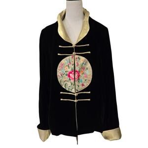 Vtg Grace Chuang NY Black Velvet Silk Jacket Gold Trim Floral Embroidered Sz XL